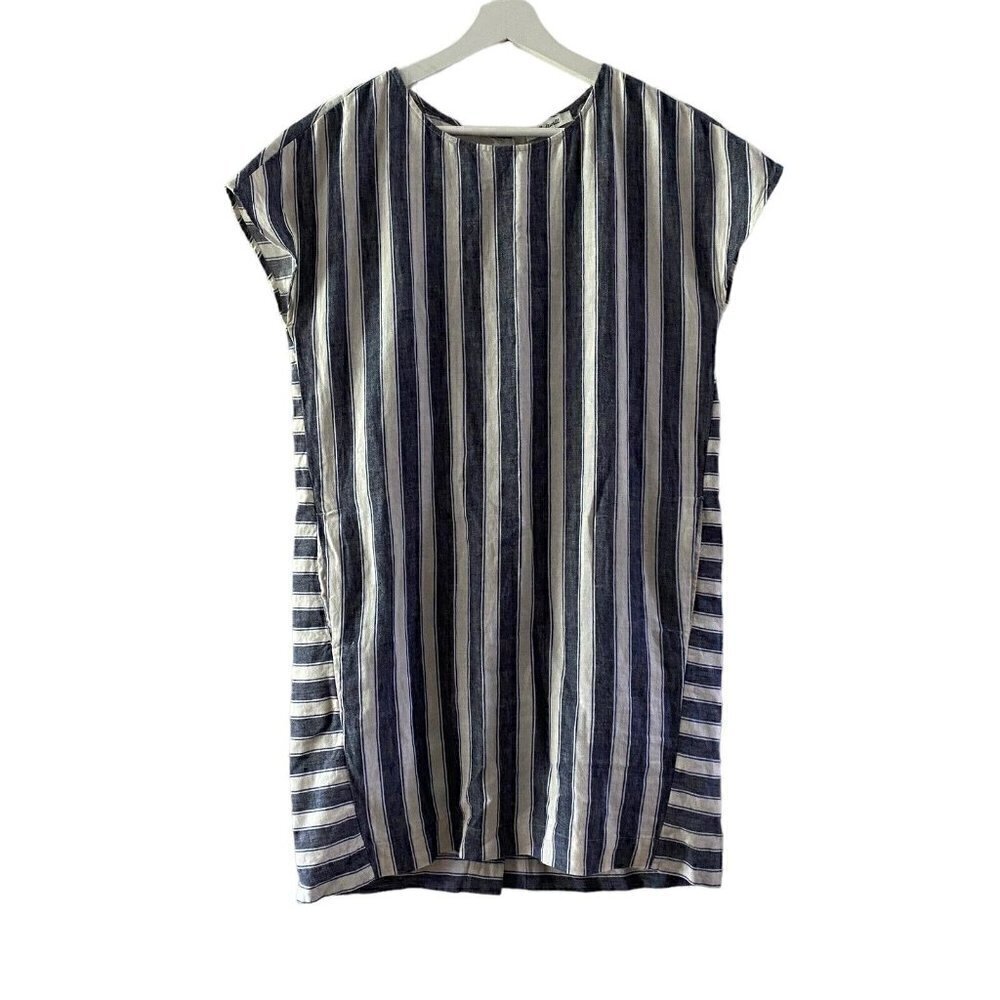 Madewell Linen Cotton Button Back Easy Dress Blue White Stripe Play Size Small